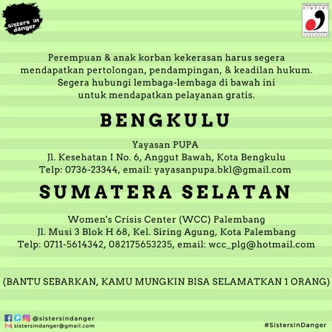 Kontak lapor KDRT Sumatera Selatan dan Bengkulu